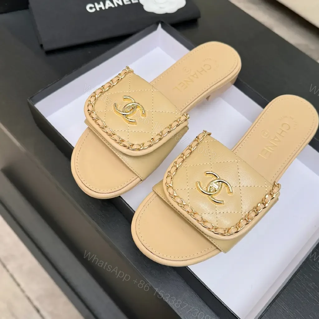 View 9 of Beige Quilted Leather Slide with Gold Crest, Luxe Casual
