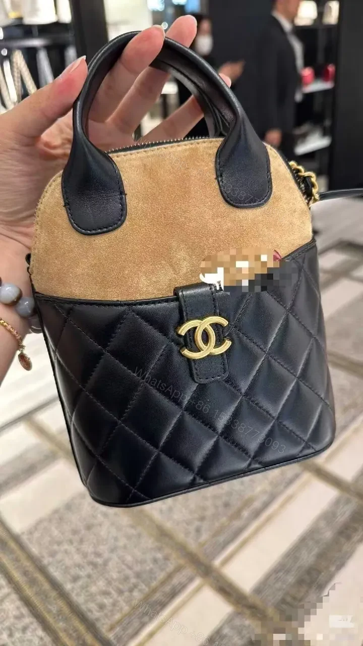 View 3 of Quilted Mini Bag with Suede Lid, Gold Hardware, Chic Street Style