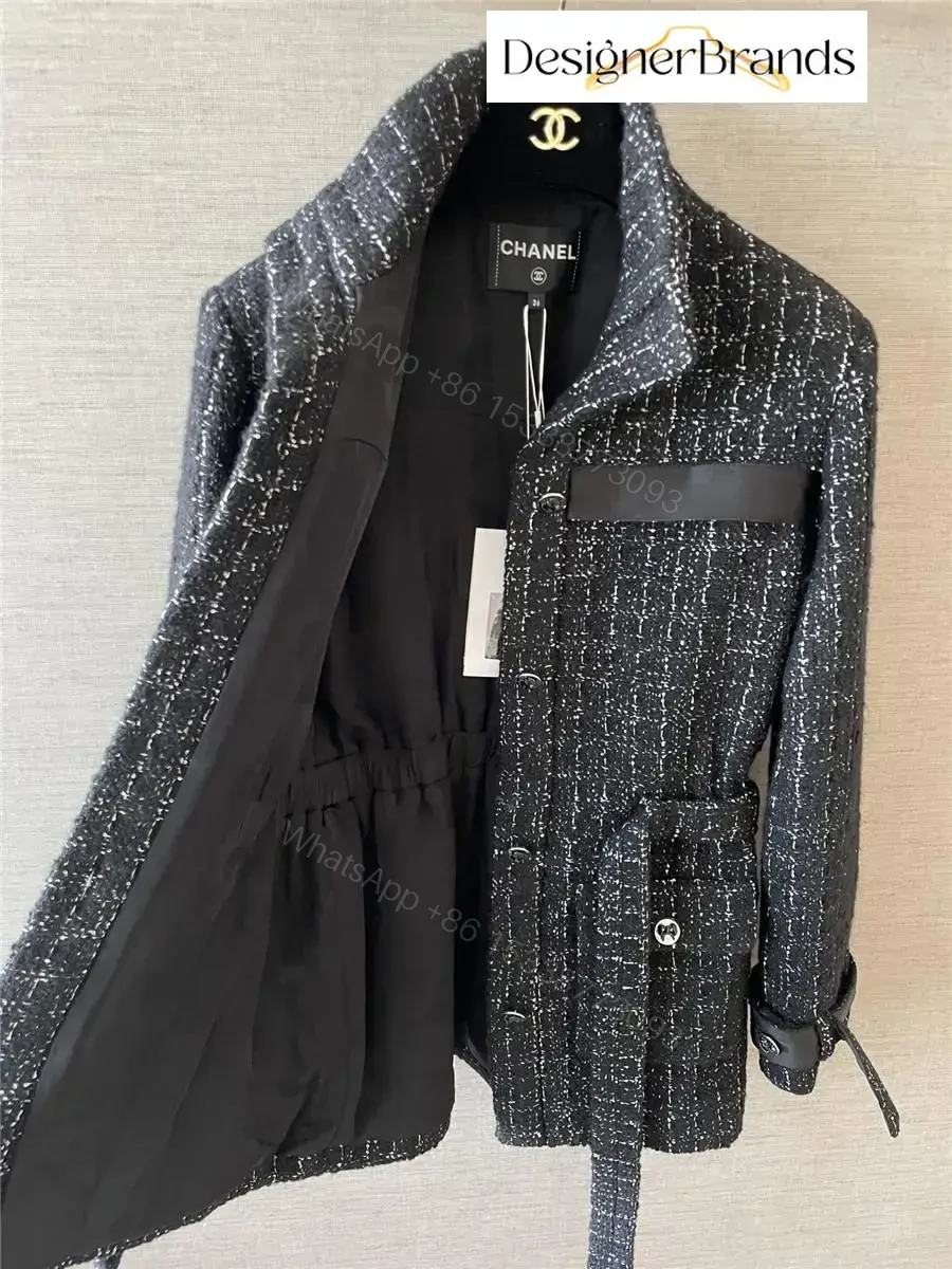 View 6 of Textured Tweed Belted Jacket with Metallic Accents