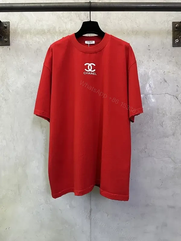 Bold Red Silk-Soft Tee with Signature Logo, Casual Luxury Tee — view 1