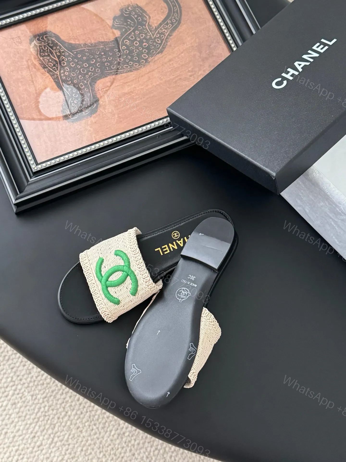 View 5 of Chanel Women Beige Fabric Green Logo Slides