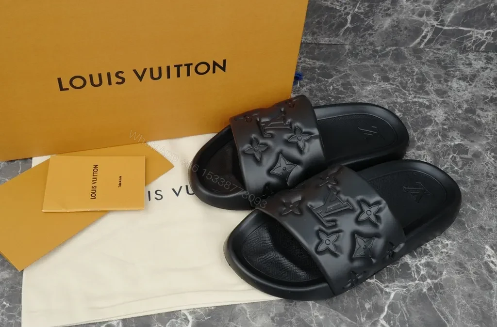 View 4 of Chic LV-Textured Leather Sandals with Monogram Strap