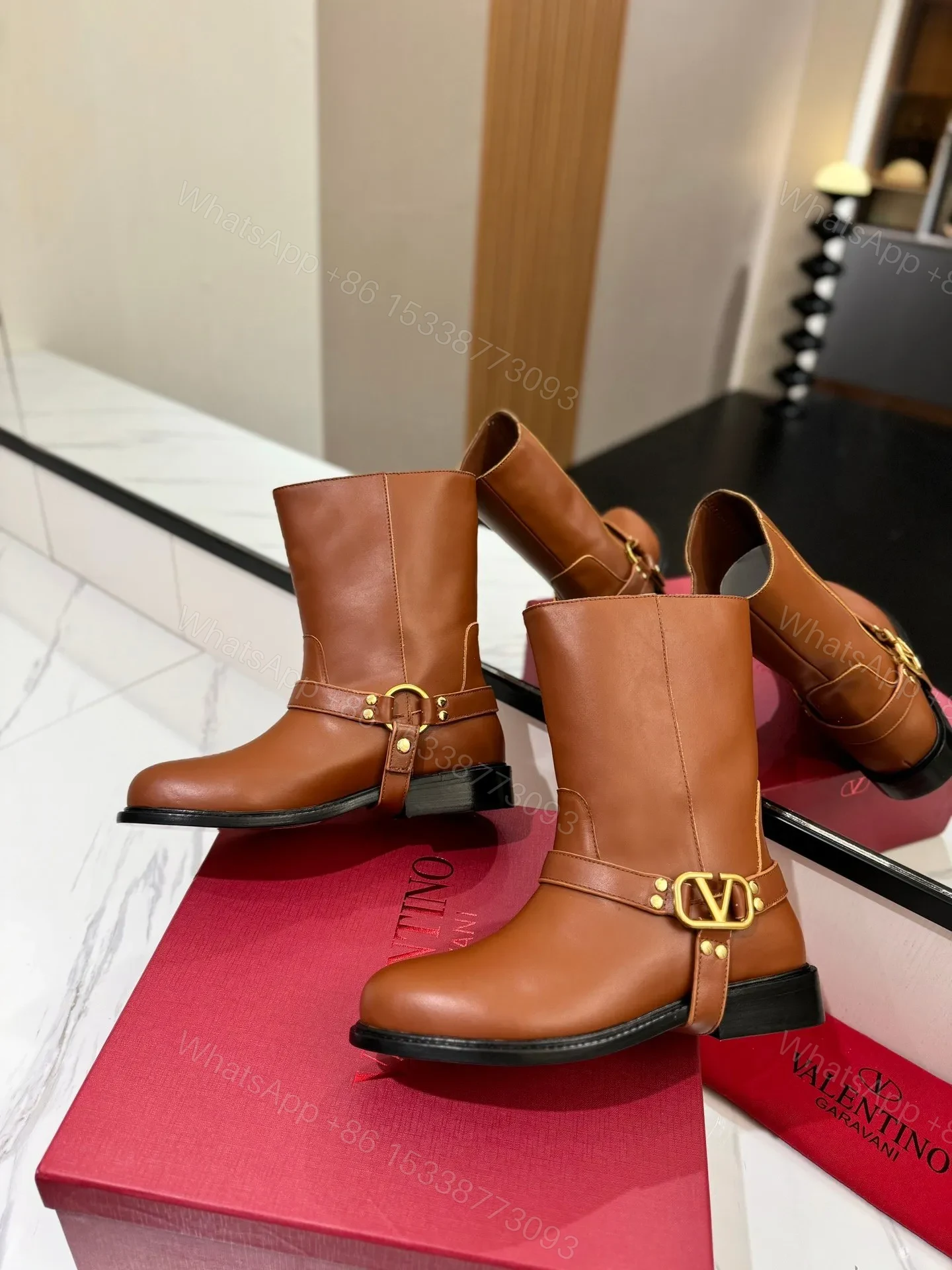 View 6 of Valentino Women Brown Leather Mid-Calf Boots
