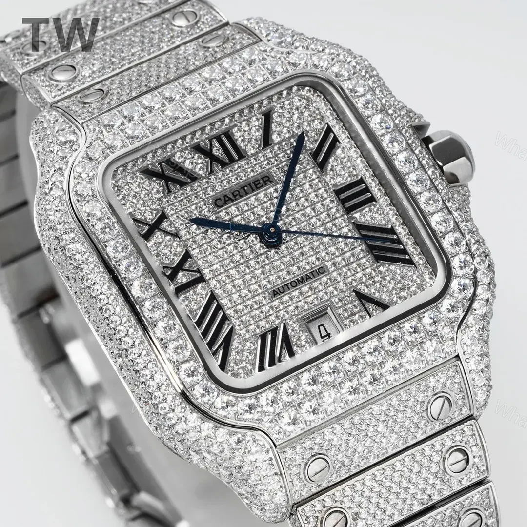 View 2 of TW Factory Cartier Santos Large Diamond Bezel Full Diamond Set Watch – Silver with Blue Hands, Automatic Movement, 40mm Stainless Steel Case, Sapphire Crystal, QuickSwitch Strap System