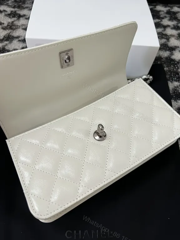 View 8 of Chanel-Inspired Quilted White Flap Crossbody Bag with Silver Chain