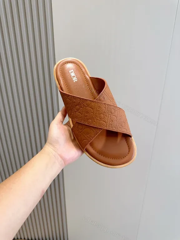 View 8 of Chic Leather Slide Sandals with Monogram Texture