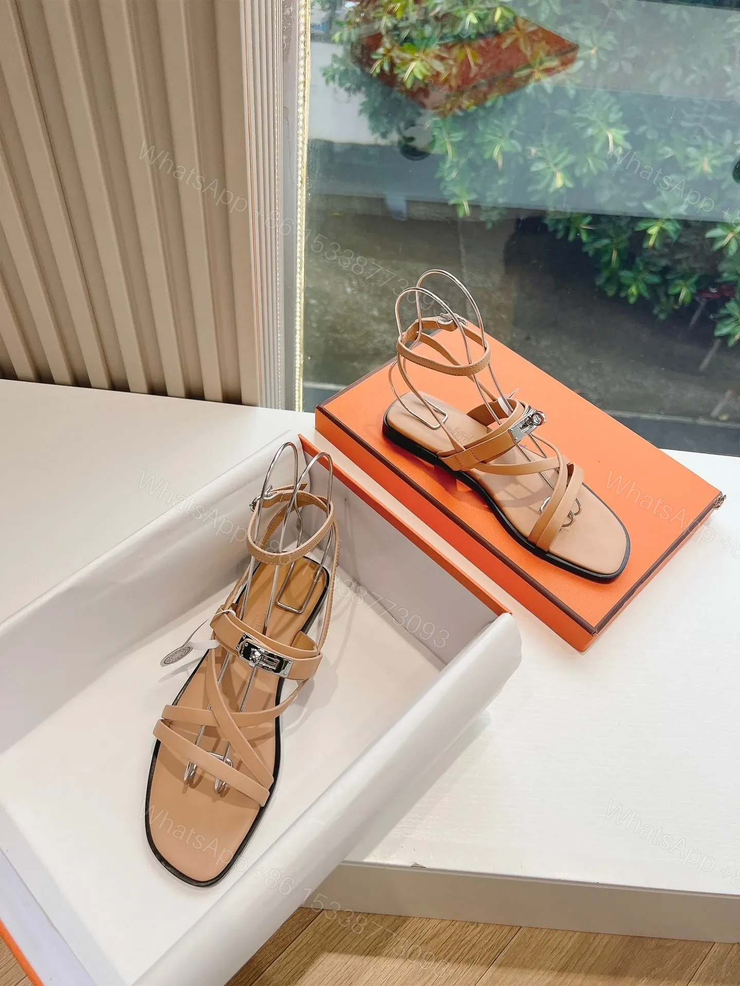 View 4 of Hermes Women Beige Leather Strappy Sandals