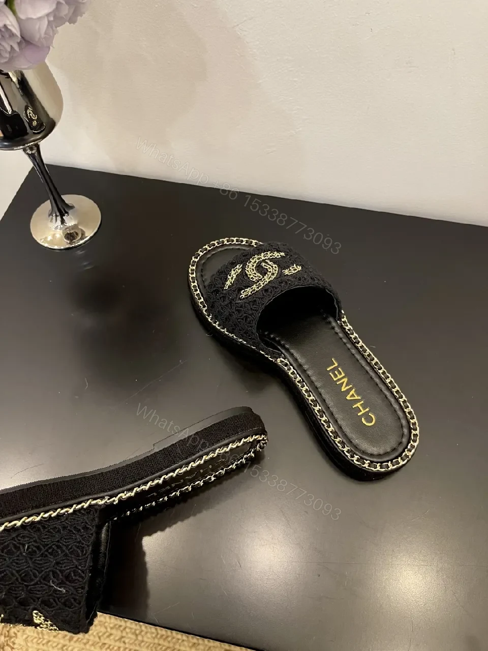 View 2 of Black Crochet Slide with Gold Chain Trim, Luxe Comfort