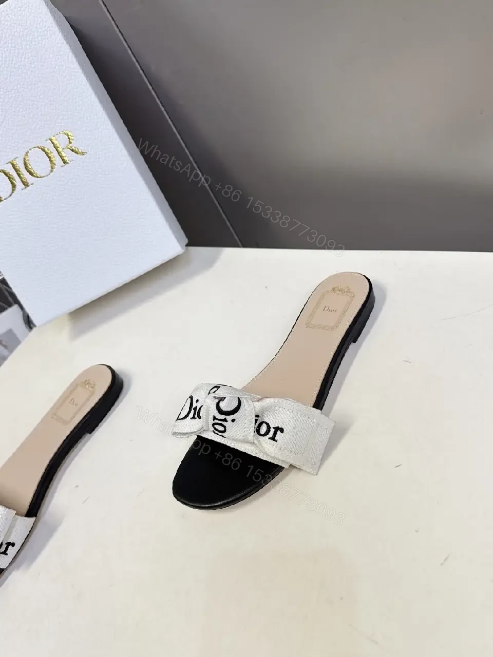 View 3 of White Fabric Slide Dior Logo Sandals