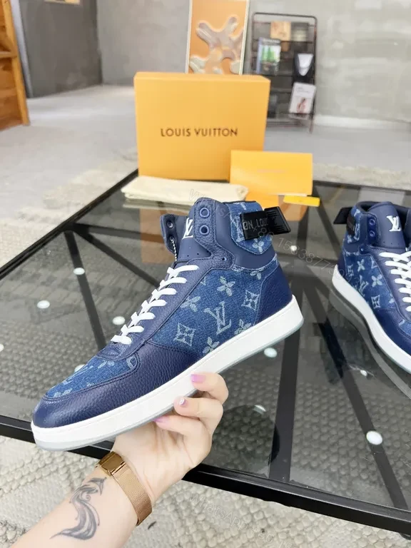 View 9 of Blue Denim High-Top Sneakers with Imitation LV Logo