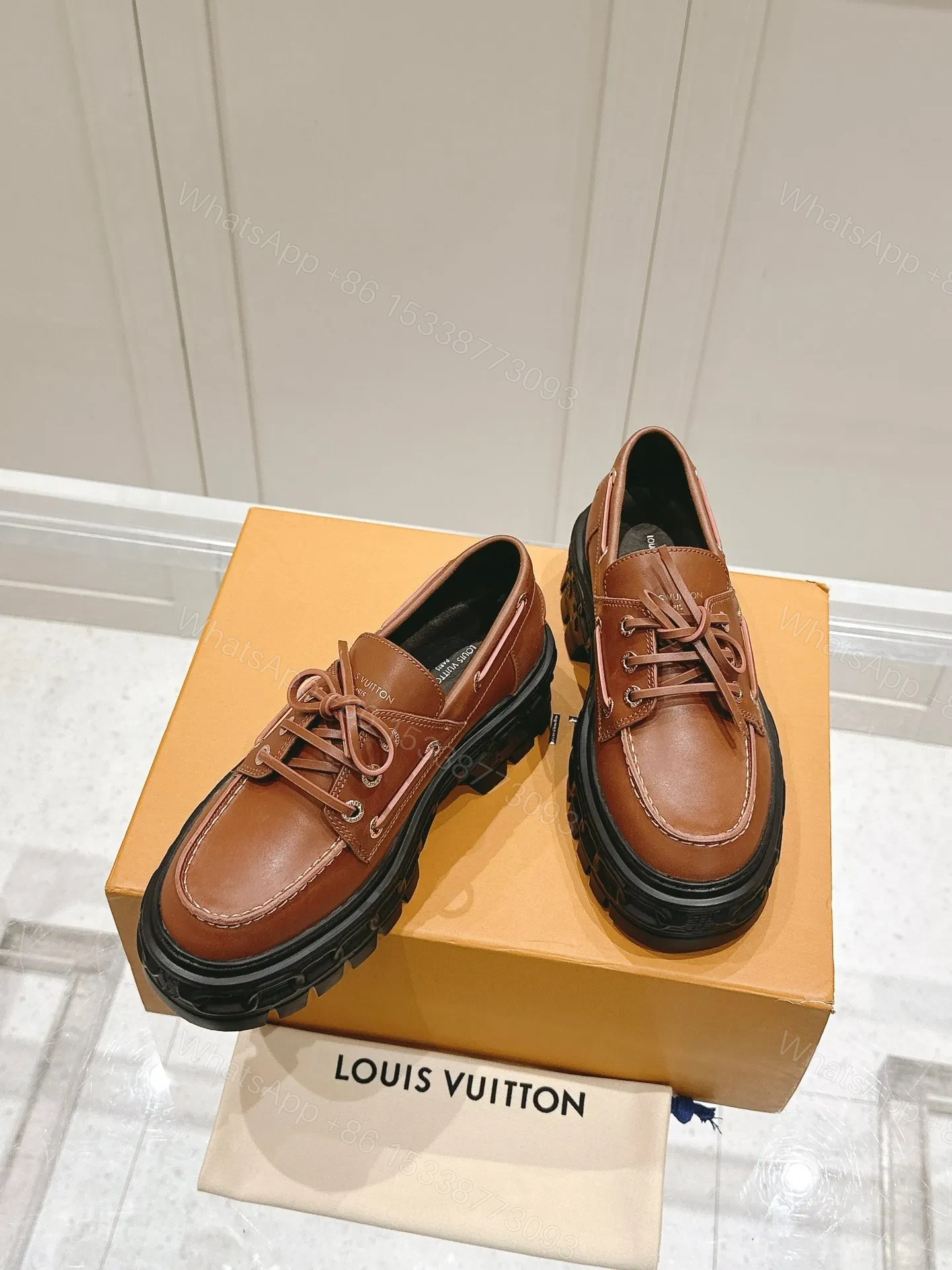 View 4 of LV Women Brown Leather Chunky Sole Loafers