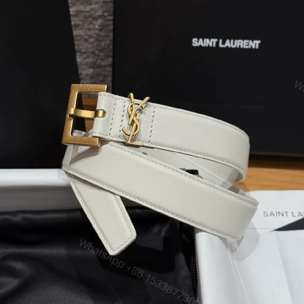 View 7 of White Leather Belt – Minimalist Gold Hardware Belt, Unisex Accessory