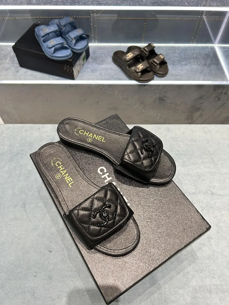 View 7 of Black Leather Quilted Sliders | Luxe Comfort Footbed | Slide Shoes