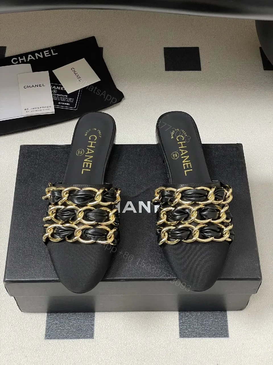 View 3 of Black Satin Mules with Gold Chain Detail - Opulent Everyday Style