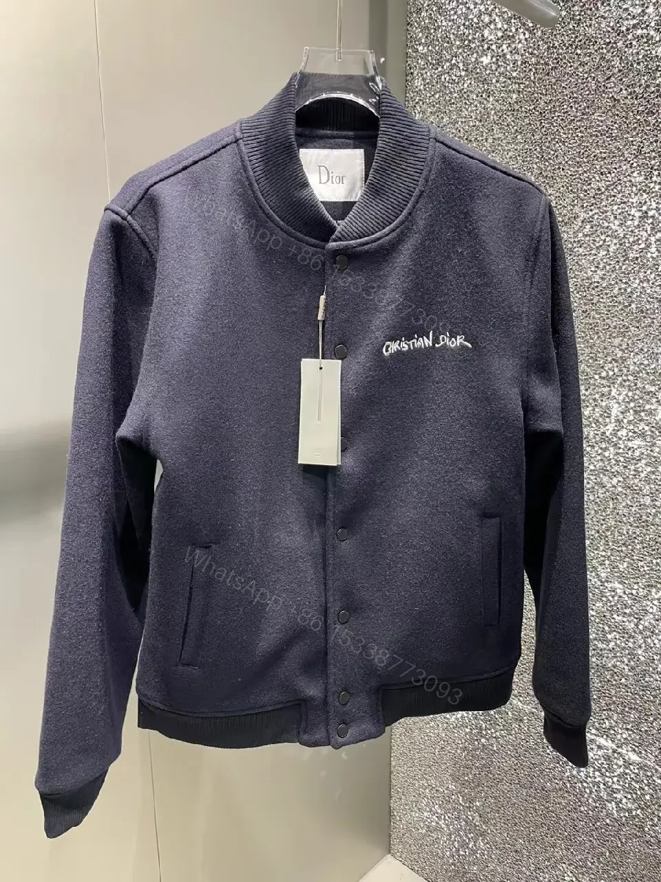 Navy Wool-Blend Varsity Bomber with Discreet Embroidery — view 1