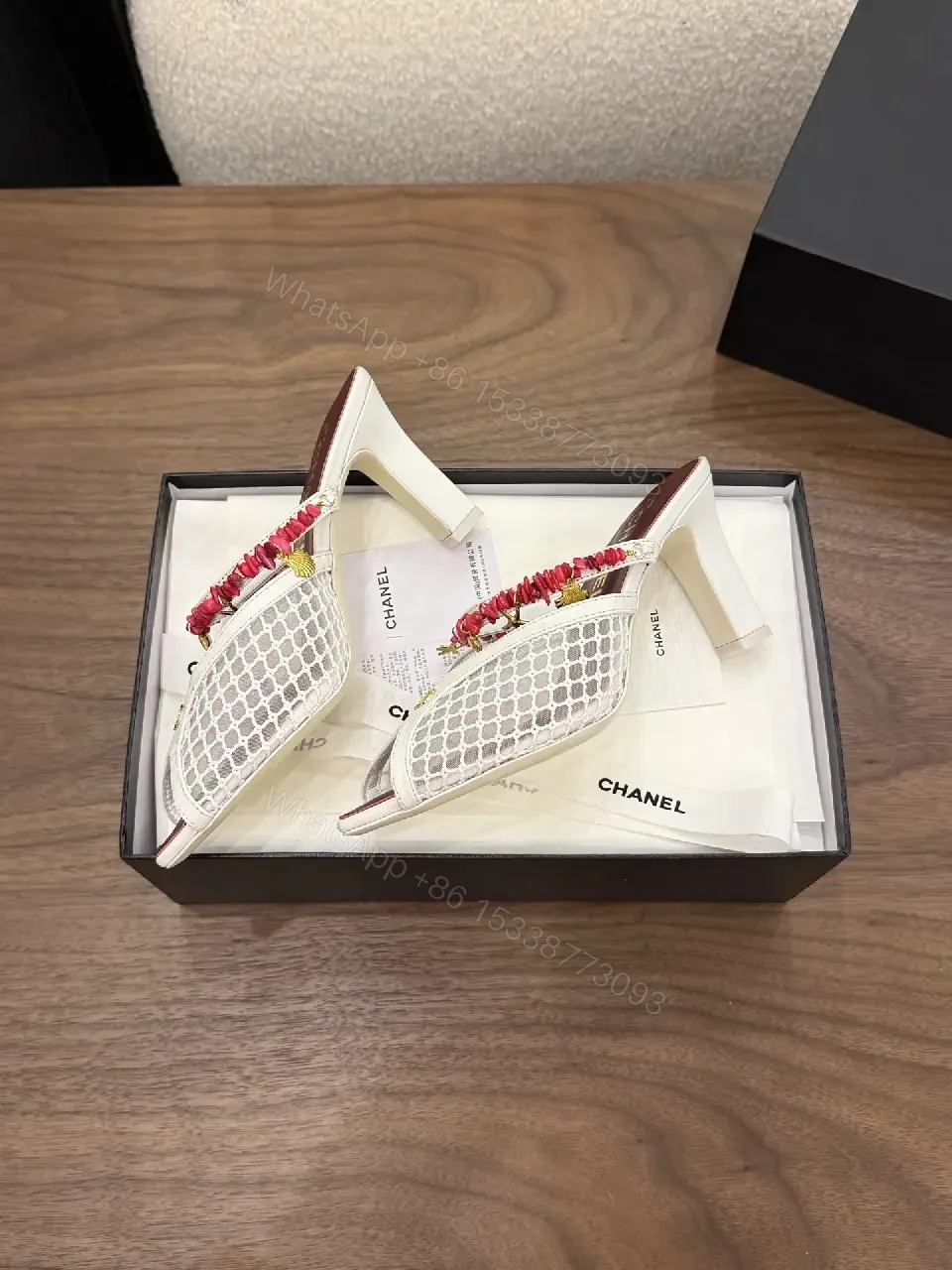 View 6 of White Mesh Slingback Heels with Red Bead Trim, Chanel Style