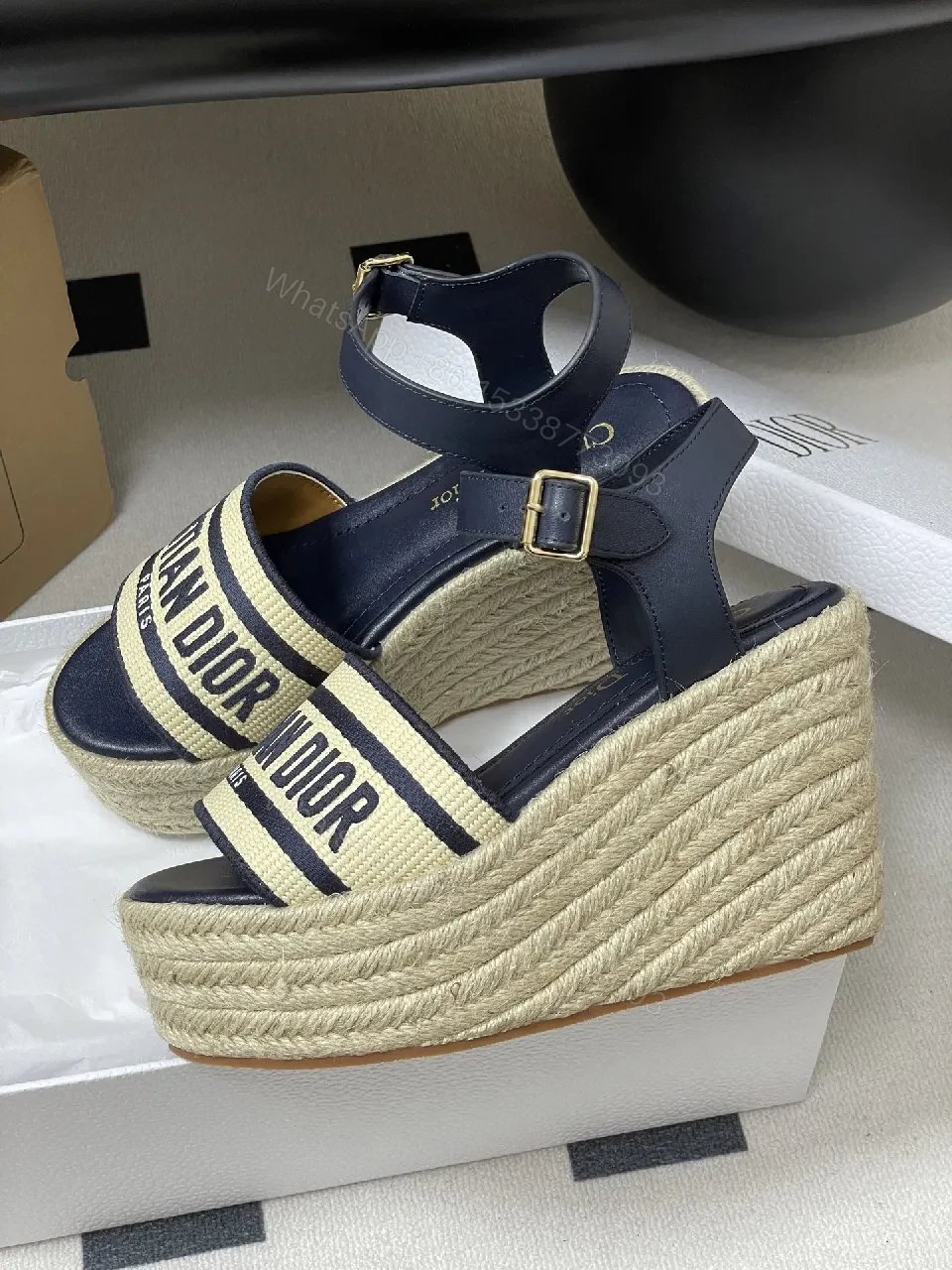 View 9 of Navy Leather Espadrille Wedge Sandals - Bold Luxe Style