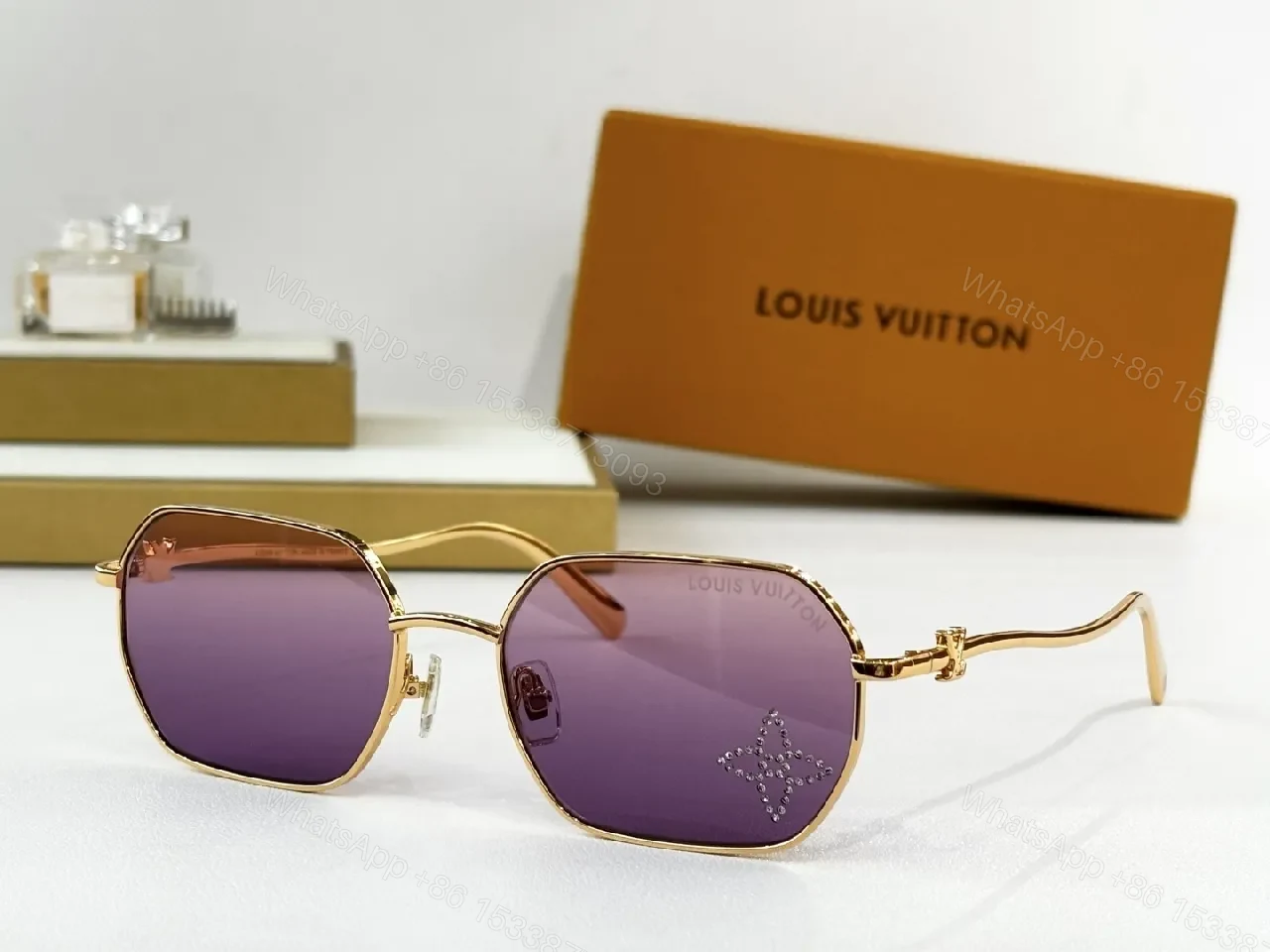 View 6 of Gold-Frame Sunglasses with Gradient Lenses and Diamond Accents, Luxury Style