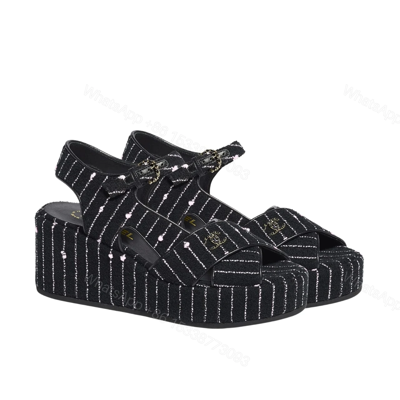 CHANEL COTTON TWEED CC PLATFORM SANDALS BLACK WHITE — view 1