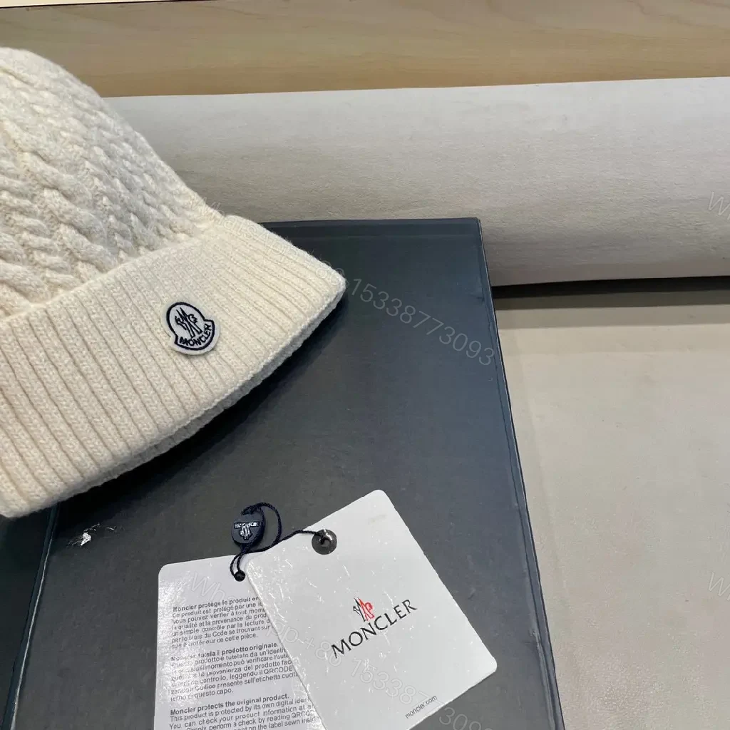 View 9 of Cream Knit Beanie | Wool Blend | Cable Knit | Moncler Emblem Gifted Luxury