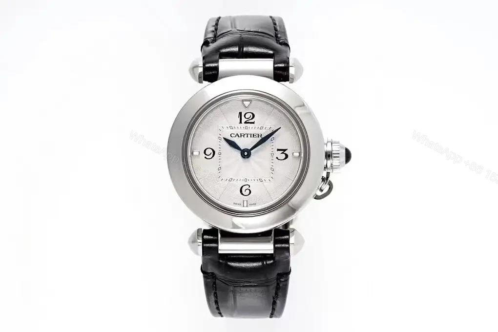 Cartier Pasha de Cartier Women’s Watch – 30mm Silver Dial, Blue Hands, Black Leather Strap, Swiss Quartz Movement Cal.157 — view 1