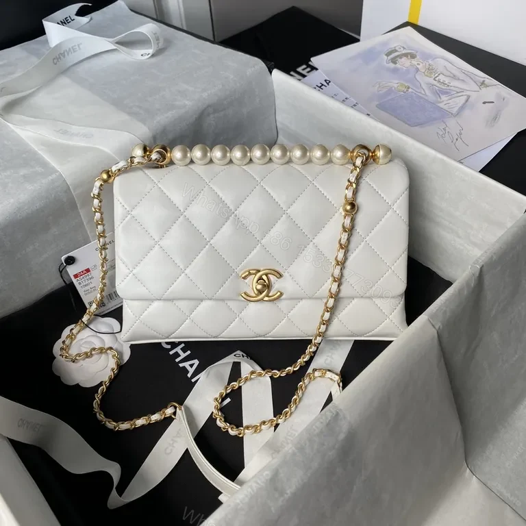 Chanel-inspired Quilted Lambskin Flap Bag with Pearl Chain — view 1