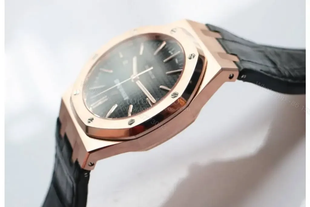 View 4 of Replica Audemars Piguet Royal Oak – Rose gold with Leather Band