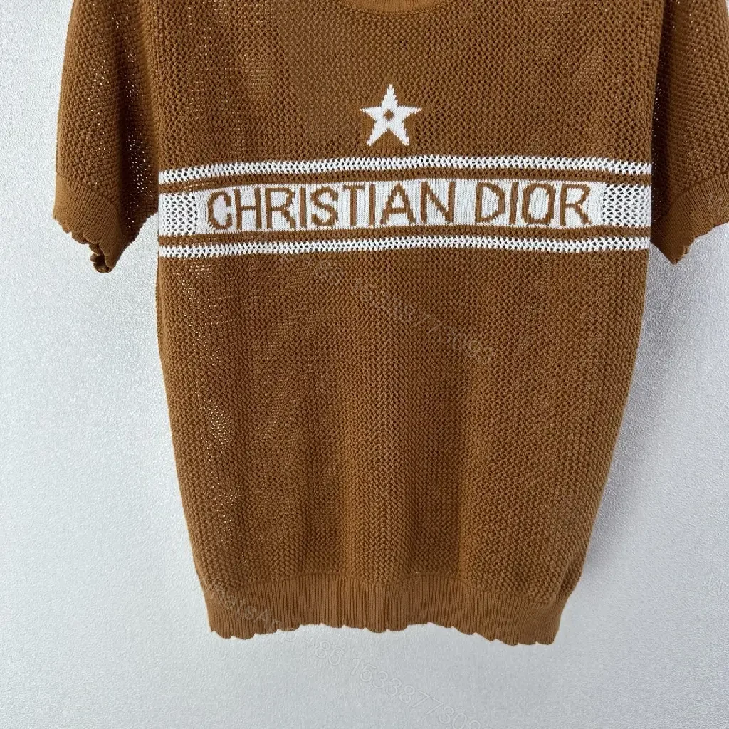 View 11 of Brown Knit Tee Wool Casual Dior Stripe Logo Top