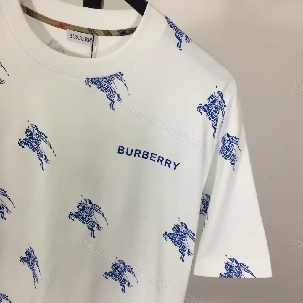 View 3 of White Burberry-Print Tee with Blue Motifs