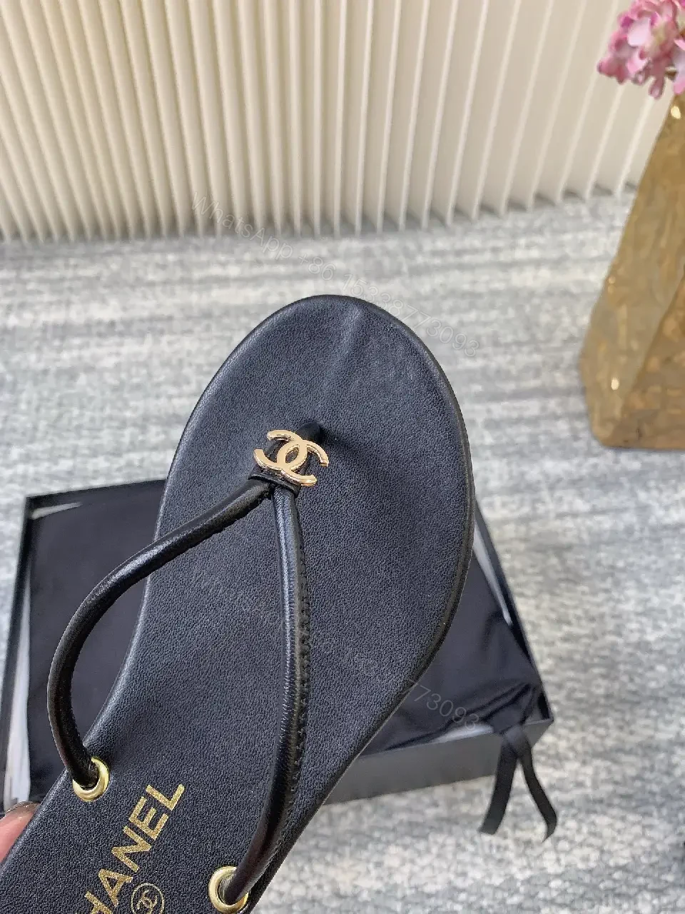 View 2 of Minimalist Luxe Leather Slides with Double-C Cap Footbed