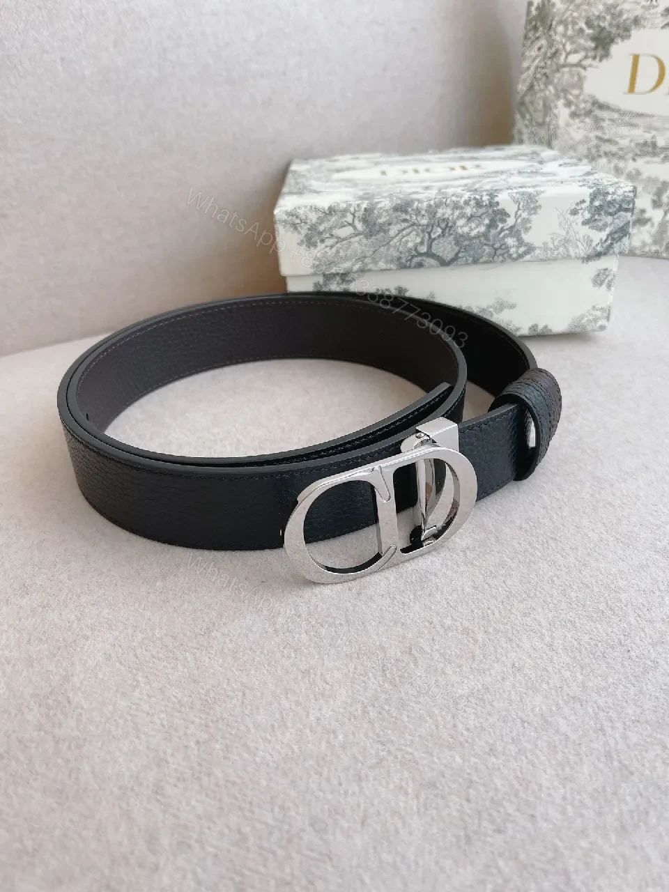View 3 of Black Leather Double-D Ring Belt - Premium Texture