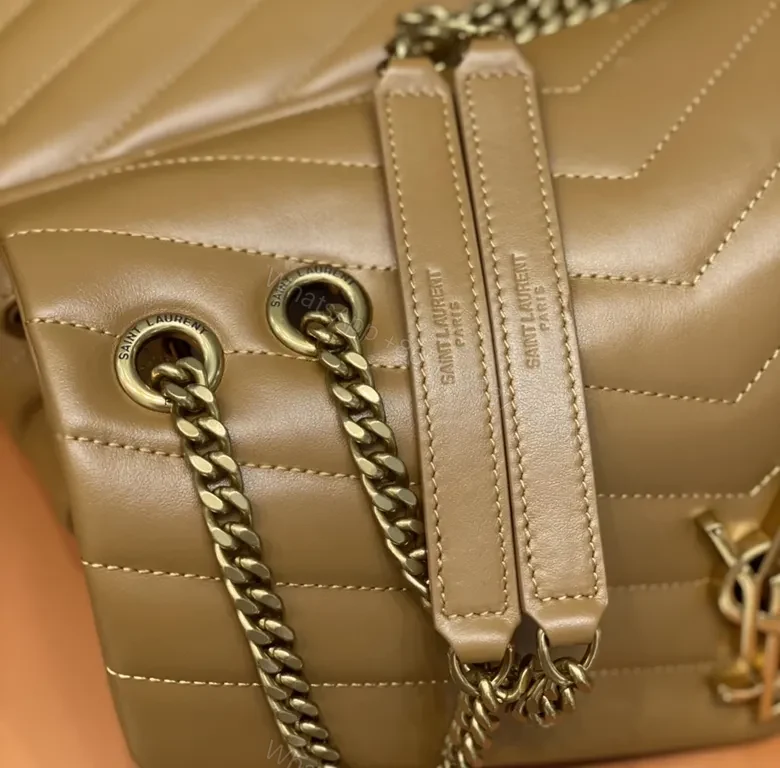 View 5 of Beige-Tan Calfskin Chevron Envelope Bag with Gold YSL Hardware