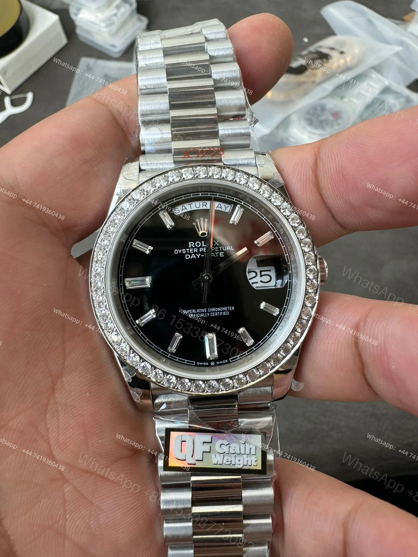 View 4 of Rolex Day-Date M228349RBR-0003 1:1 Replica Moissanite Bezel Black Dial 40MM 3255 Movement Presidential Bracelet Super Clone Watch