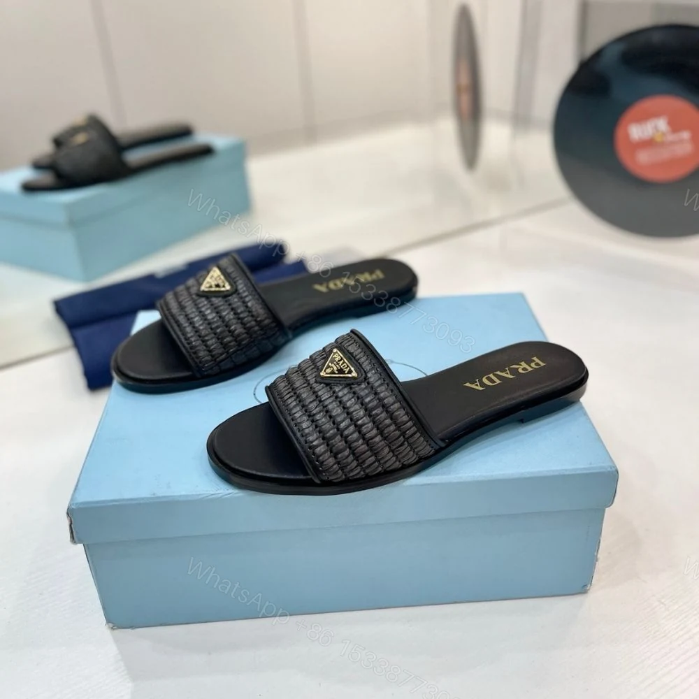 View 3 of Prada Leather Slides With Crochet Details Black