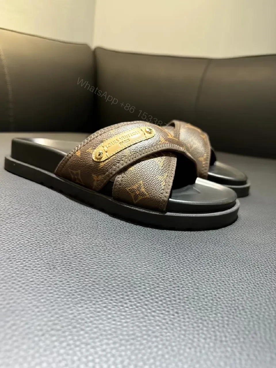View 3 of Brown Monogram-Print Slip-On Sandals with Leather Trim