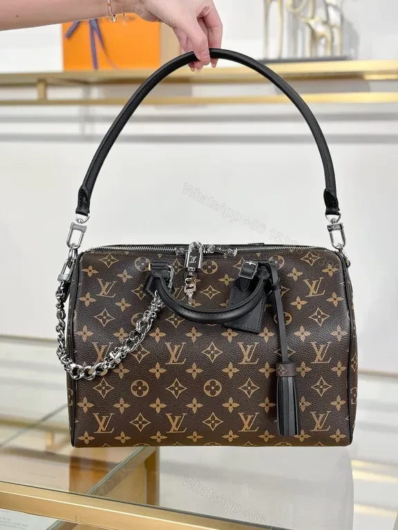 View 9 of Monogram Lux Satchel: Chain Detail Leather Trim Bag