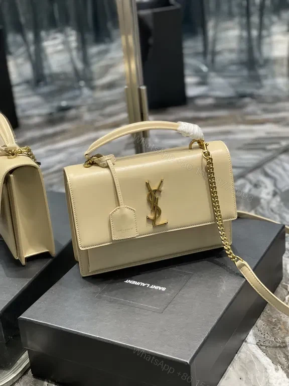 View 6 of Beige Leather Handbag â€“ Structured YSL Monogram, Top-Handle