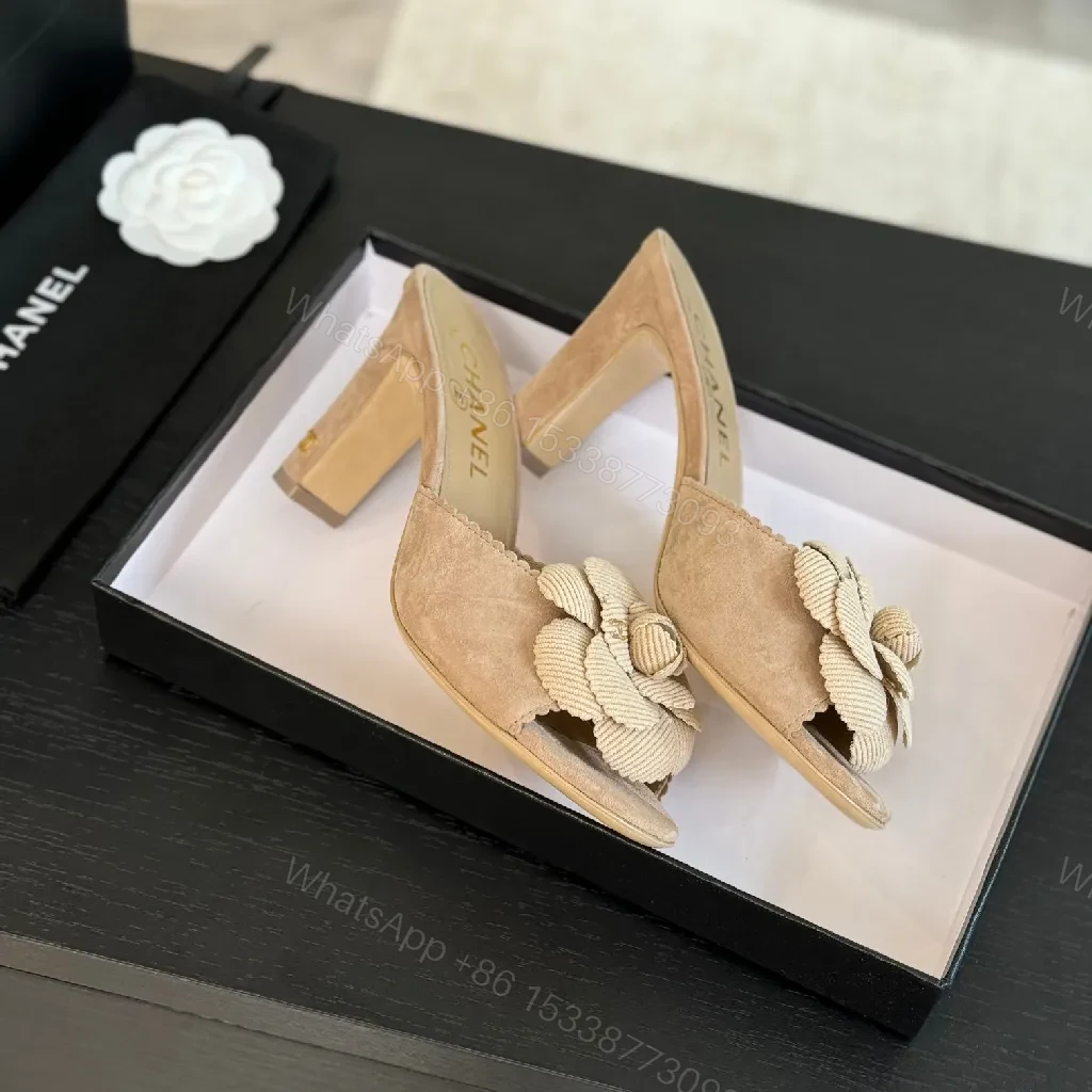 View 5 of Beige Camellia-Detail Sandals: Textured Luxury Slides