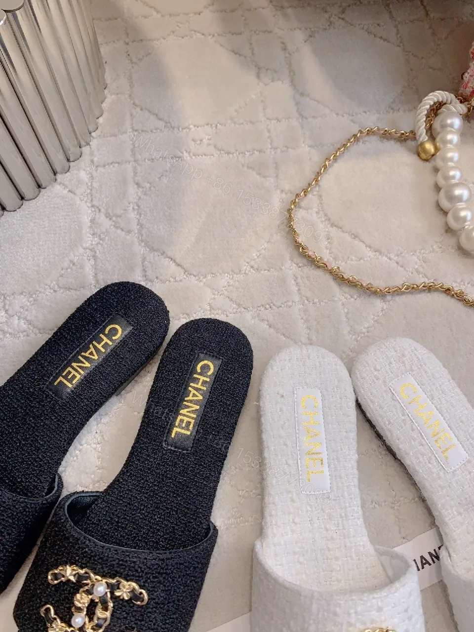 View 8 of Chanel-Inspired Textured Slider with Gold Chain Crest