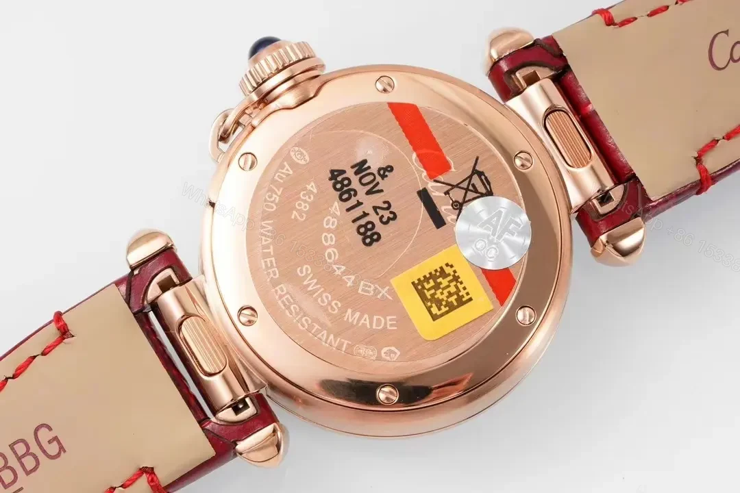 View 5 of K11 Factory Cartier Pasha de Cartier Women’s Watch, 30mm, Rose Gold with Diamond Bezel, Red Leather Strap, Blue Steel Hands