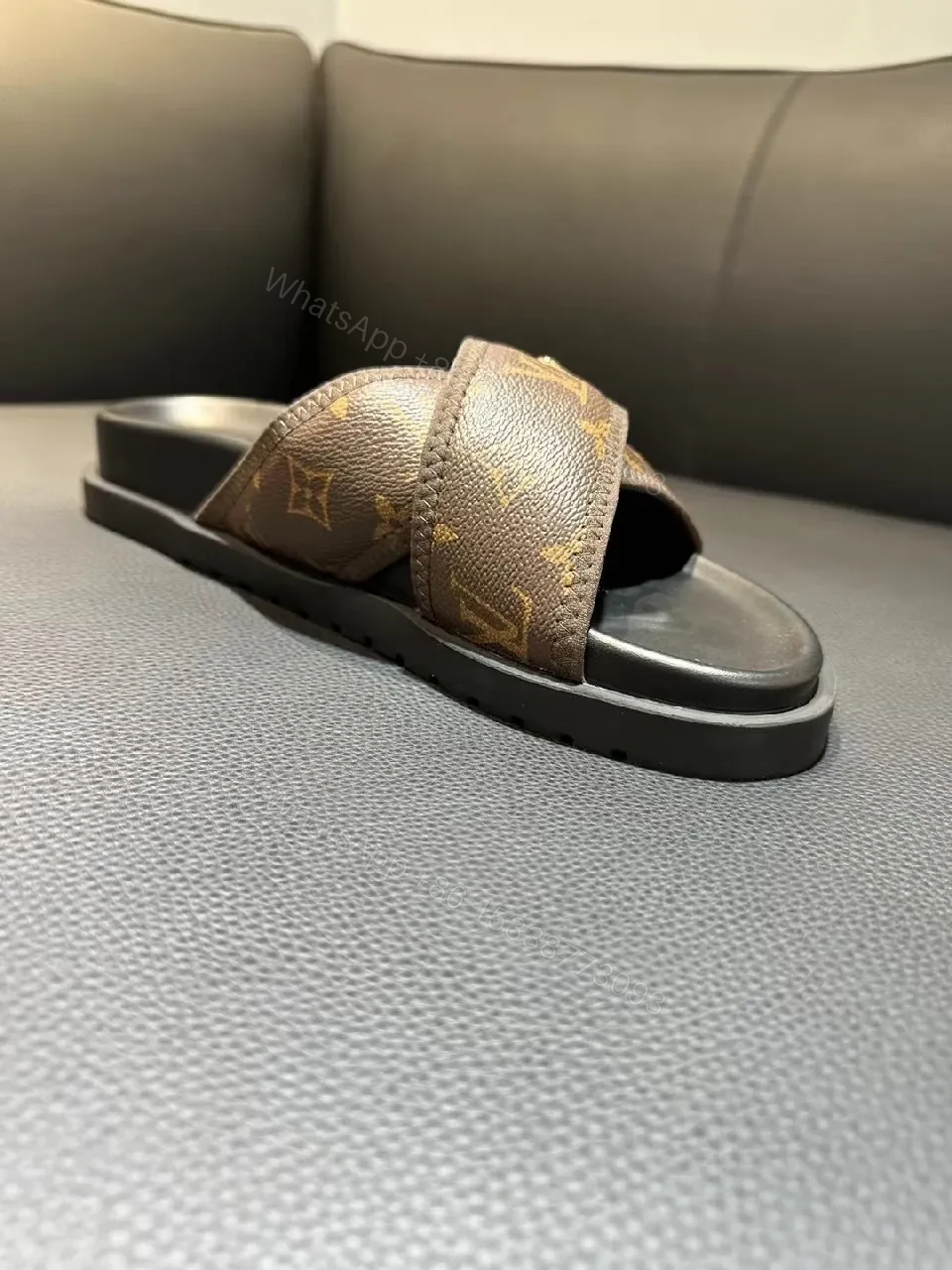 View 5 of Brown Monogram-Print Slip-On Sandals with Leather Trim