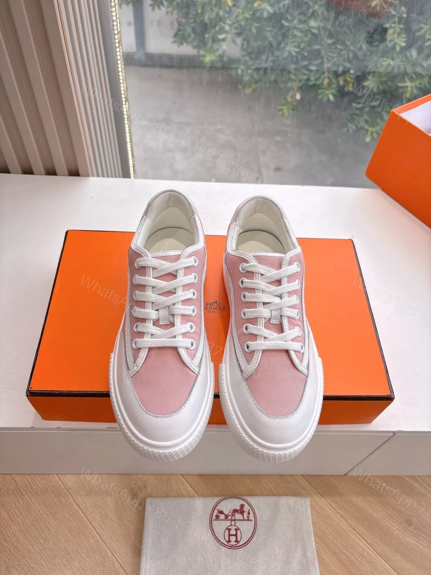 View 5 of Hermes Women Pink Canvas And White Leather Sneakers