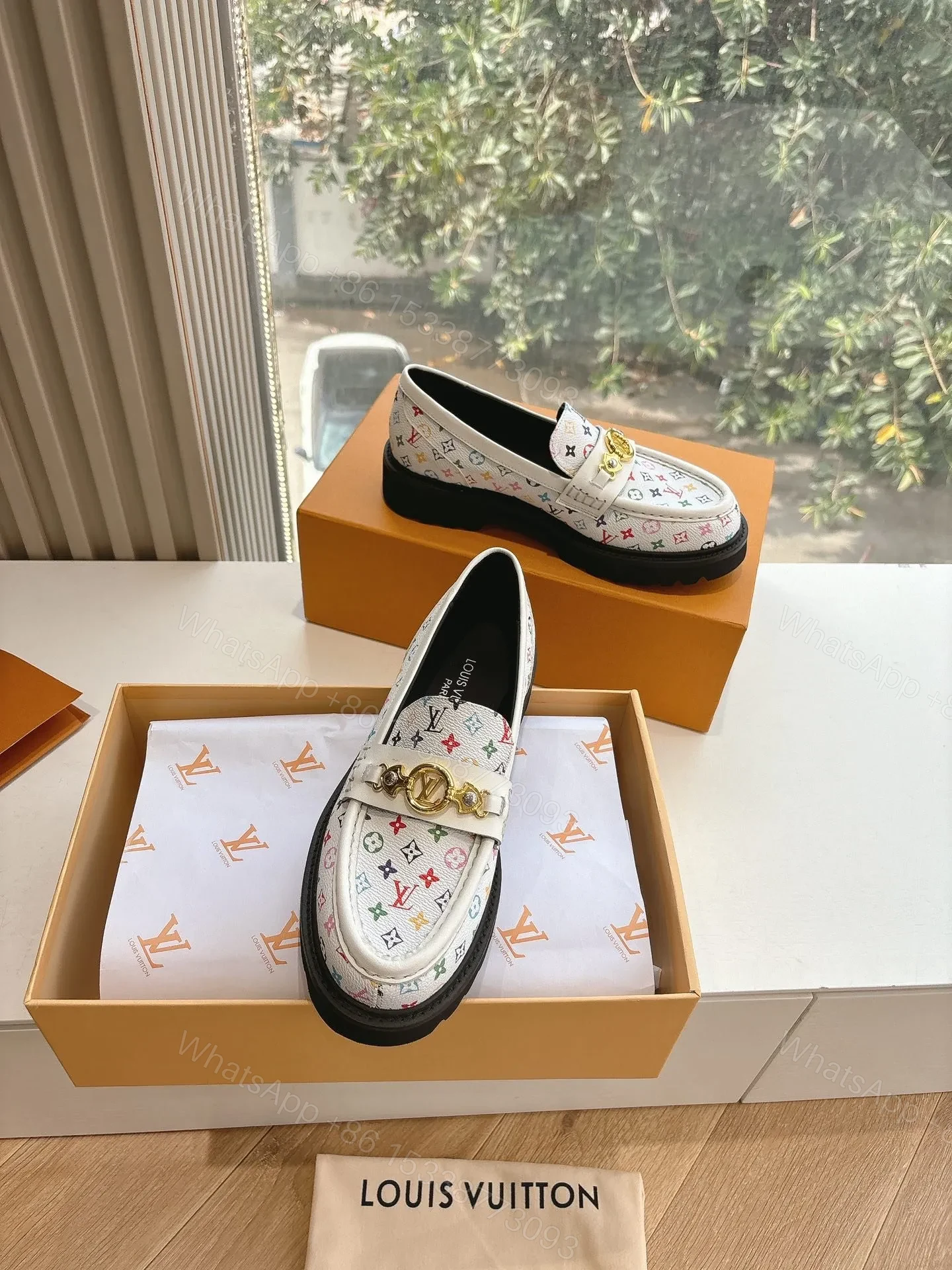 View 5 of LV Women White Patterned Leather Loafers