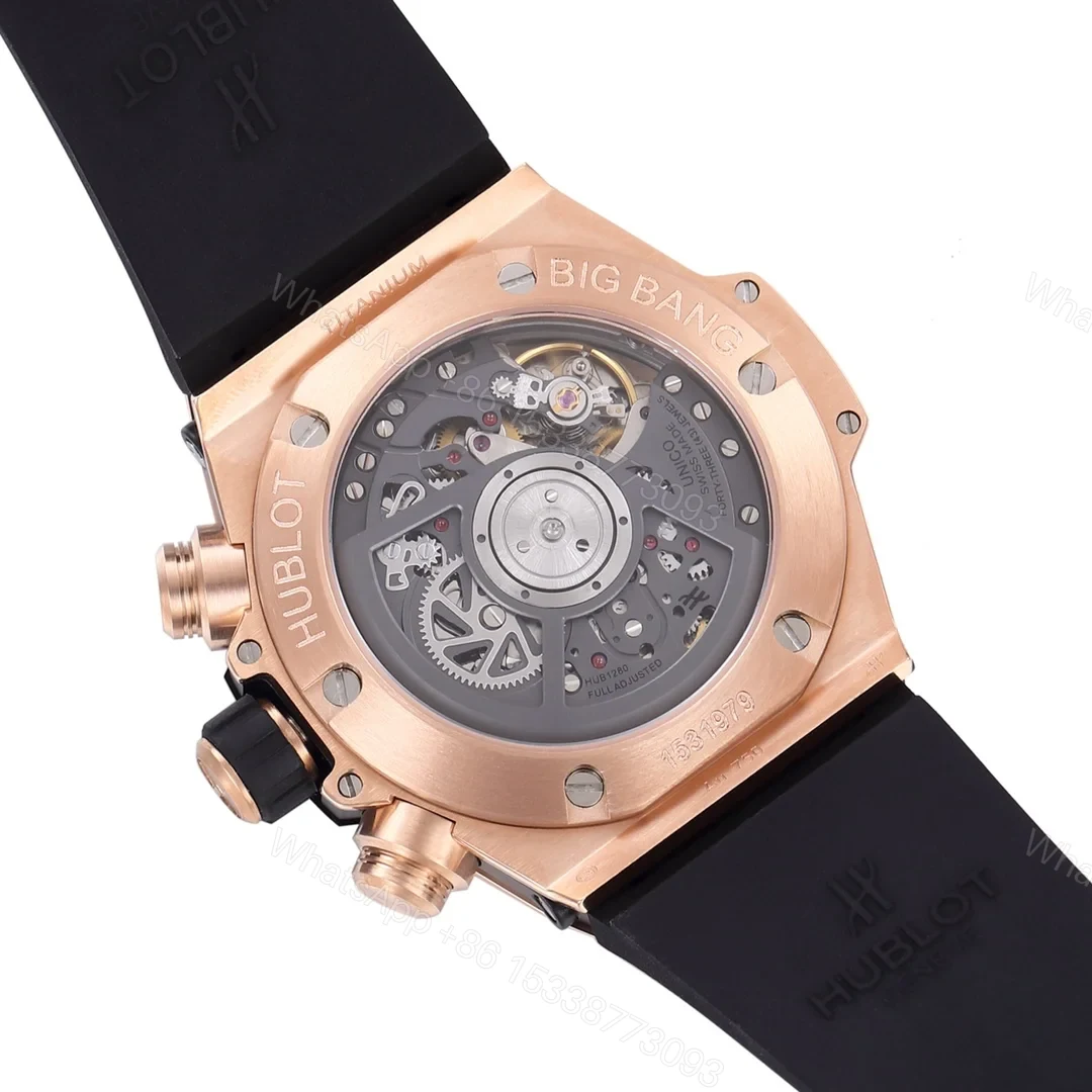 View 8 of Hublot Big Bang Rose Gold Replica 44MM Premium Black Bezel Rubber Strap Edition RG-HUBLOT-BIGBANG-RG-44