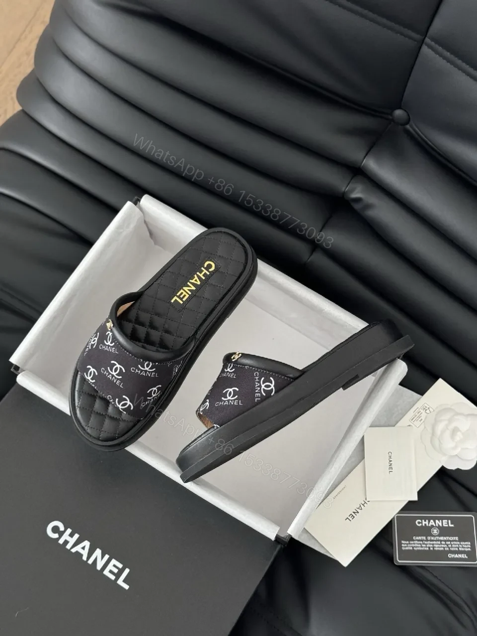 View 3 of Black quilted slide sandals, faux leather, luxe casual, cushioned footbed, slide sandal