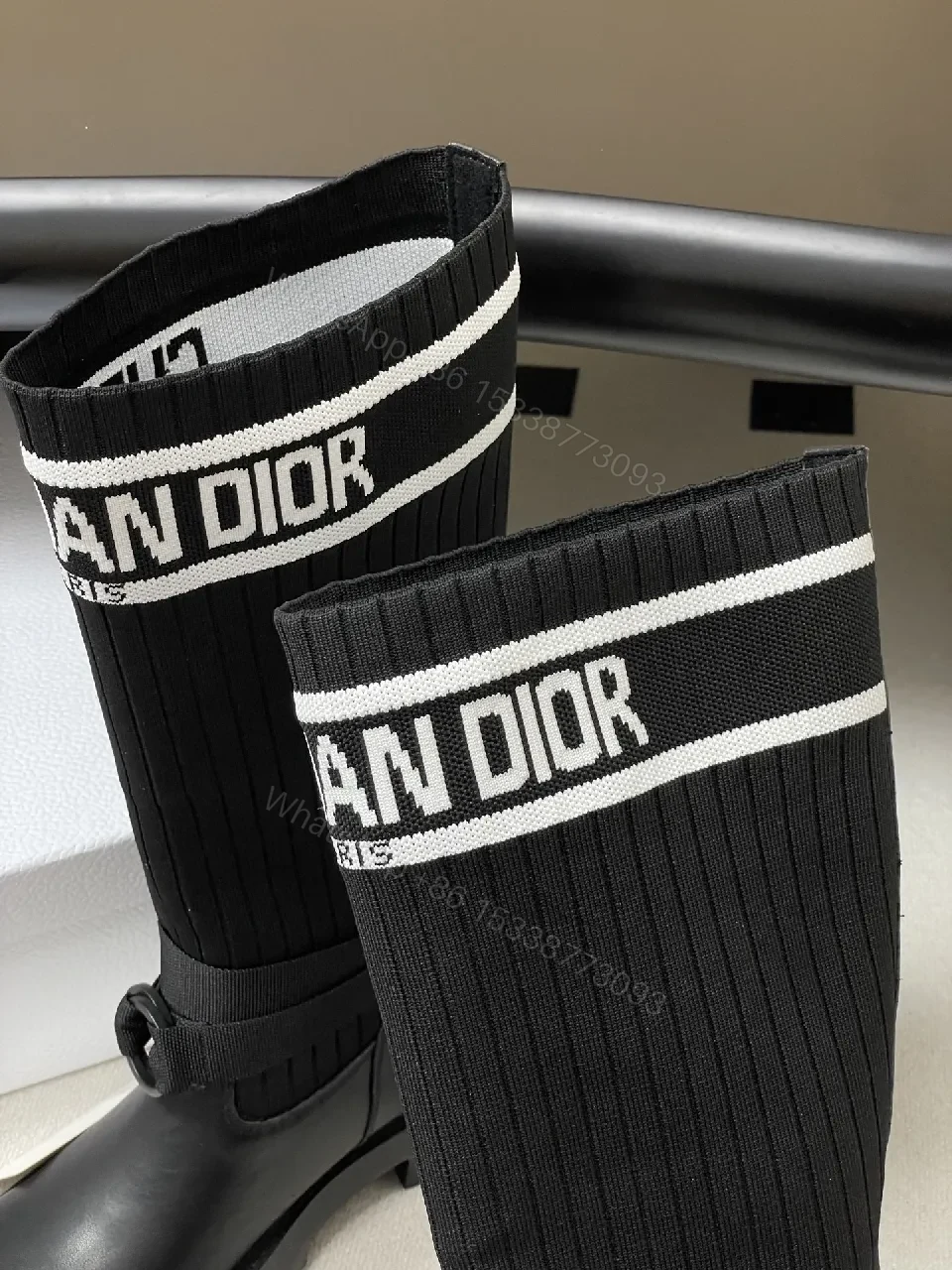 View 5 of Ribbed Knit Leather High-Top Boots: Luxe Streetwear Boldness
