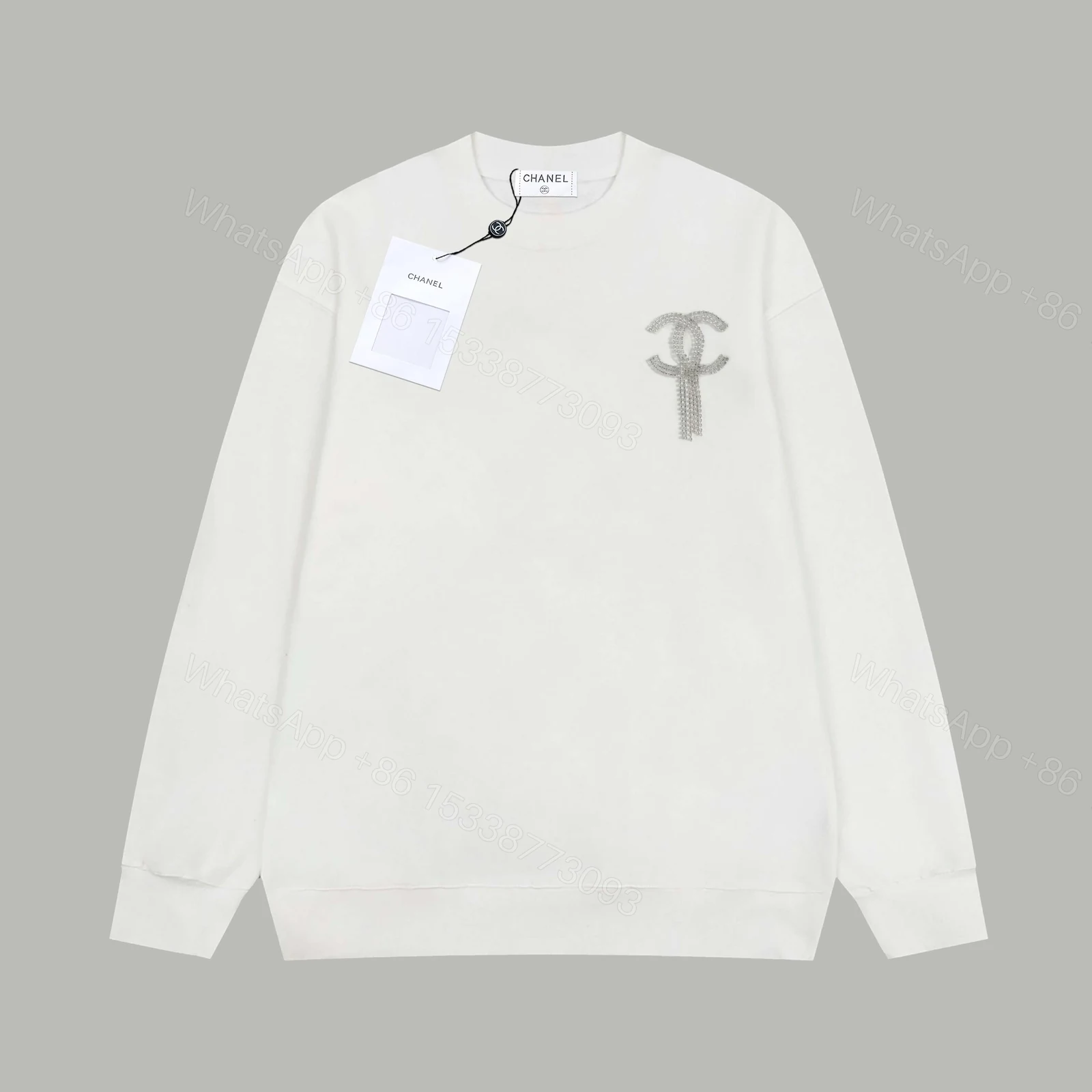 CHANEL高仿長袖衛衣 女士白色水鑽LOGO圓領上衣2025早春新款 — view 1