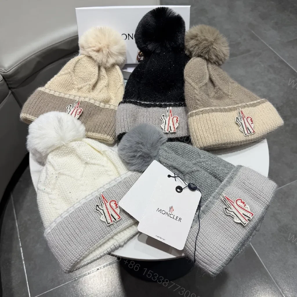 View 3 of Chic Winter Knit Beanie with Plush Pom and Moncler Accent
