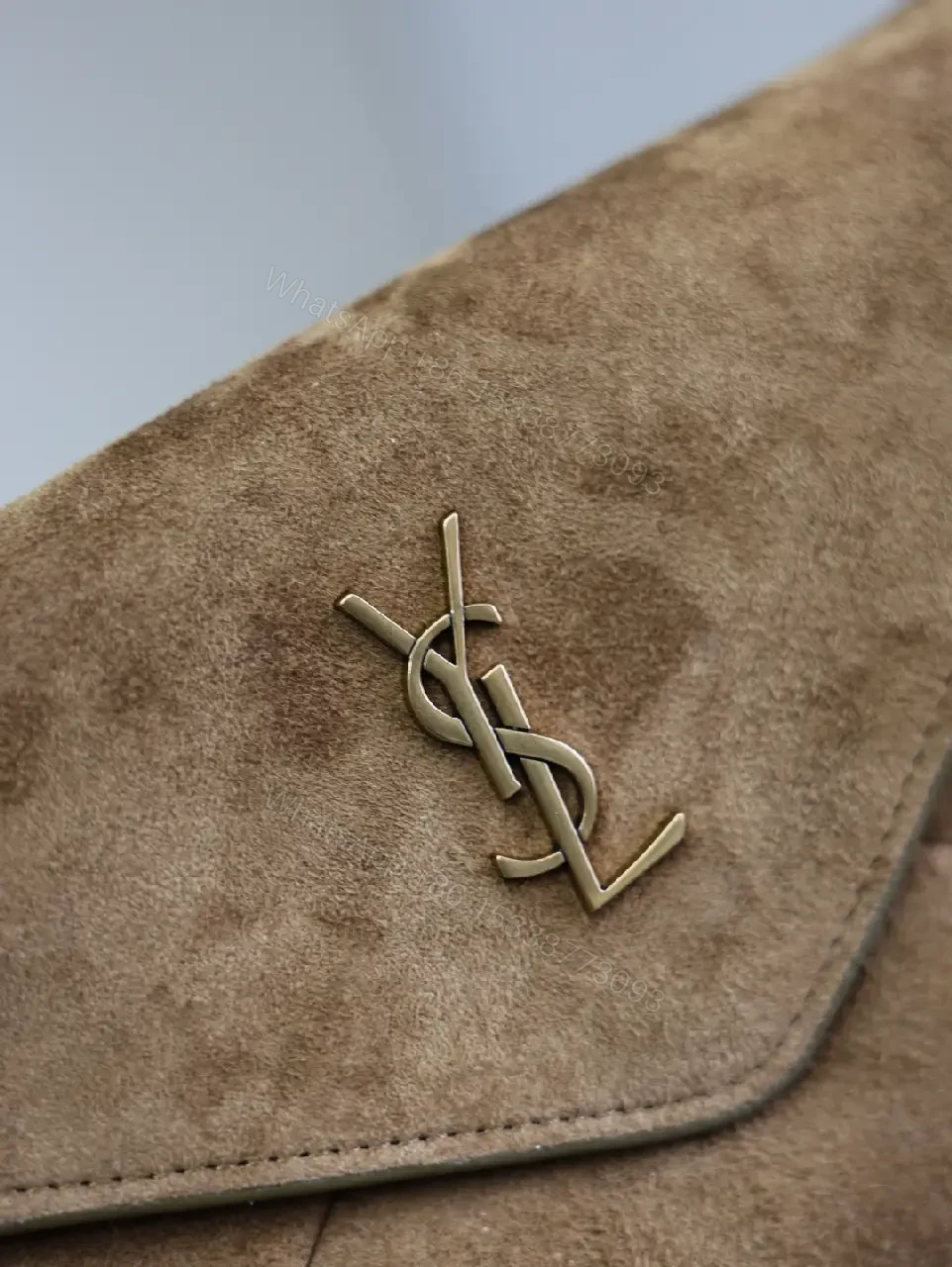 View 8 of Suede Cognac Envelope Bag with Gold Logo Clasp