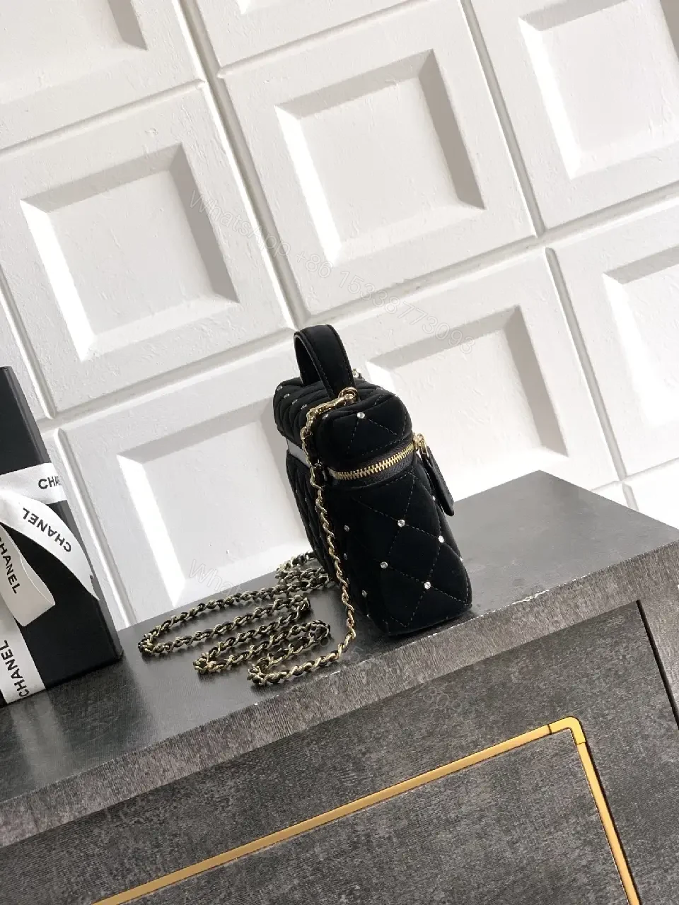 View 3 of Velvet Quilted Crossbody Mini Bag with Gold Hardware